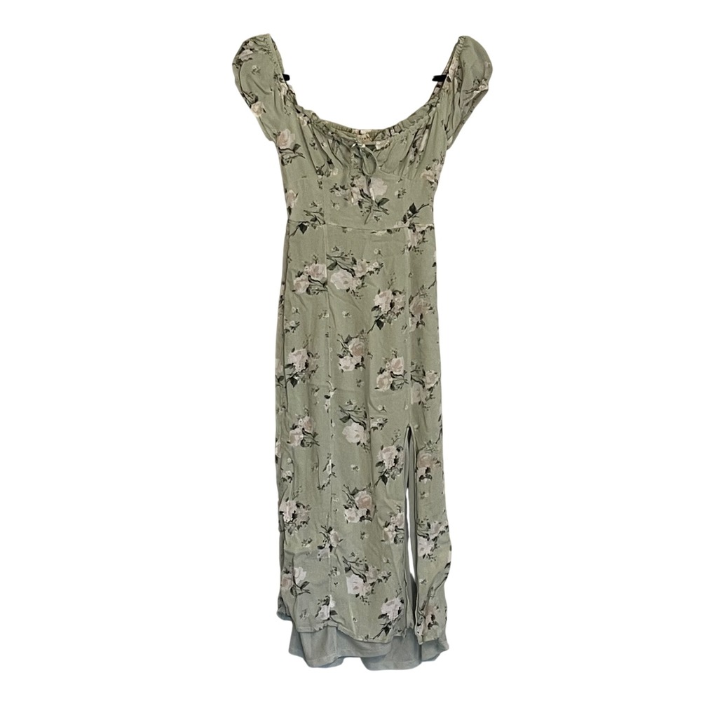 Aeropostale Sage Green Garden Floral Milkmaid Dress XS Smocked Slit Puff Sleeve